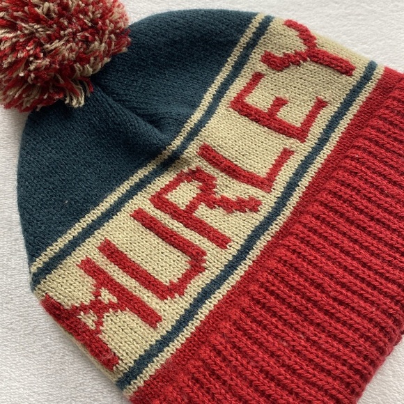 Hurley Striped Color Block Acrylic Knit Cuff Pom Beanie (Red/Blue/Cream) - Picture 3 of 9